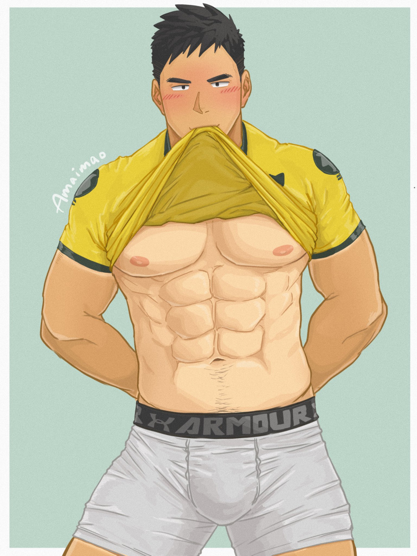 abs adidas amaimao bara bulge bulge_press clothes_lift embarrassed forehead_blush grey_male_underwear highres large_pectorals male_underwear male_underwear_peek mature_male muscular muscular_male navel_hair nipples original pectorals shirt_lift underwear