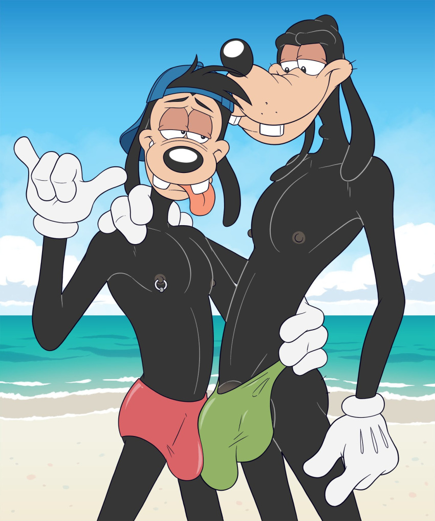 anthro anti_dev beach clothing disney duo frottage gloves goof_troop goofy_(disney) handwear hi_res humanoid incest_(lore) male male/male max_goof nipple_piercing nipples pecs piercing seaside sex size_difference tongue white_clothing white_gloves white_handwear