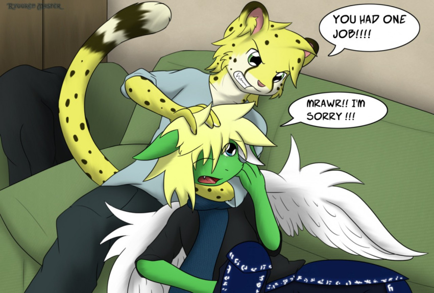 angry anthro apologizing apology arm_around_neck blonde_hair blue_eyes bottomwear brown_body brown_fur cheetah clenched_teeth clothed clothing dialogue dragon duo english_text feathered_wings feathers felid feline fur furniture furred_dragon giru_(artist) green_body green_fur hair hand_on_arm hand_on_hair looking_down lying male male/male mammal markings on_back on_sofa one_eye_closed open_mouth salmy scarf sitting sofa speech_bubble spots spotted_markings spread_wings surprised_expression teenager teeth text topwear white_body white_fur wings yellow_body yellow_fur young yuri_(giru)