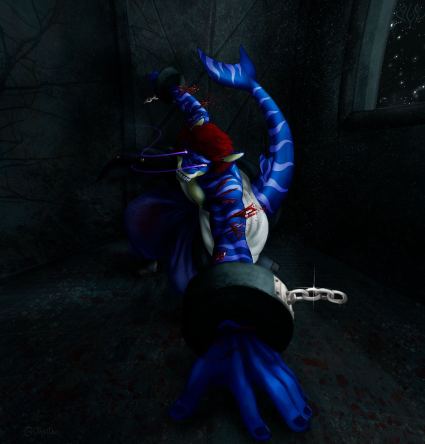 absurd_res action_pose anthro bared_teeth blood blood_on_arm blood_on_clothing blood_splatter blood_stains bloody_floor blue_nails bodily_fluids clothed clothing colored_nails cuff_(restraint) detailed_background fighting_pose fish glowing glowing_eyes hair handcuffed handcuffs hi_res hyro_sasake jaci_una male mammal marine metal_cuffs nails pose red_hair restraints shark slit_(wound) soft_gore solo space star topless watermark