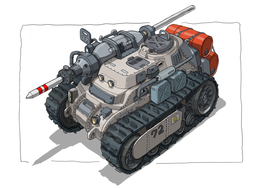 barrel caterpillar_tracks gas_can gatling_santouhei ground_vehicle highres mecha military military_vehicle motor_vehicle no_humans original pile_bunker simple_background tank