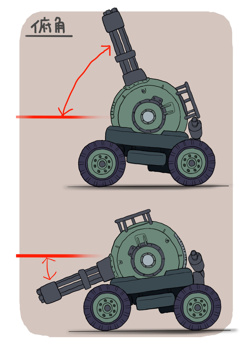 absurdres arrow_(symbol) car gatling_gun gatling_santouhei ground_vehicle highres motor_vehicle no_humans original vehicle_focus white_background