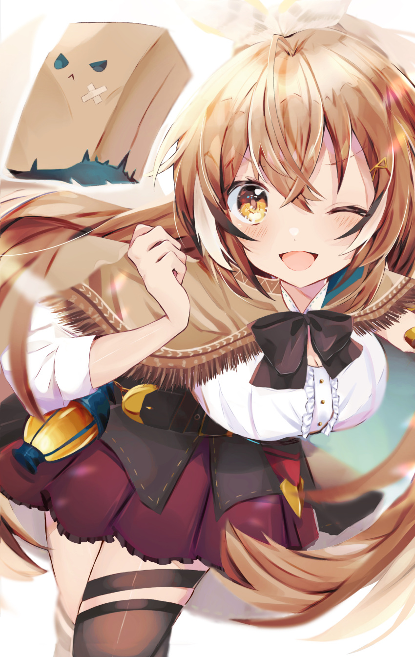 1girl absurdres bangs belt blush brown_capelet brown_cloak brown_corset brown_eyes brown_hair cape capelet cloak corset dagger feather_hair_ornament feathers friend_(nanashi_mumei) hair_ornament harebare_yurata hieroglyphics highres hololive hololive_english knife lantern long_hair looking_at_viewer nanashi_mumei one_eye_closed ponytail red_skirt ribbon shirt skirt smile thigh_strap thighhighs virtual_youtuber weapon white_shirt