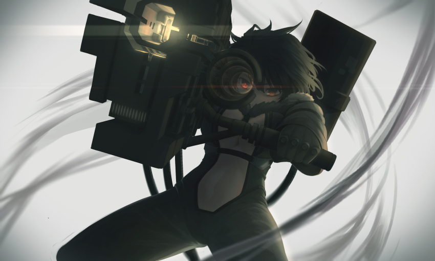 1girl aiming aiming_at_viewer backlighting black_hair breasts charging_device clothing_cutout cowboy_shot energy_weapon fur_collar gloves glowing glowing_eyes gun highres holding holding_gun holding_weapon huge_weapon legs_apart looking_at_viewer medium_breasts original red_eyes short_hair skin_tight solo standing stomach weapon white_background zhaoyuan_pan