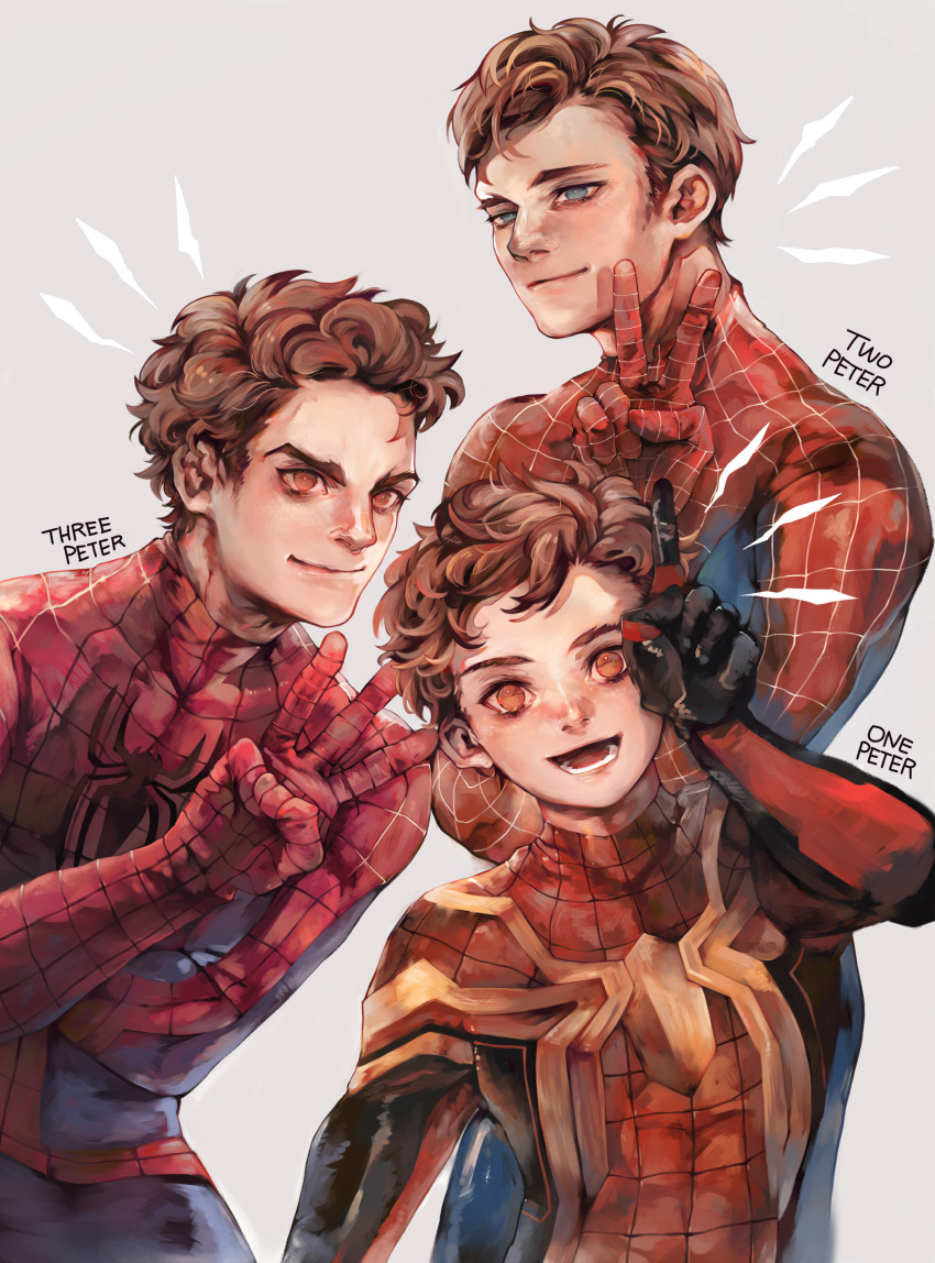 3boys absurdres blue_eyes brown_eyes brown_hair commentary english_commentary group_sex highres kvover_(applebloom) leotard looking_at_viewer marvel marvel_cinematic_universe multiple_boys open_mouth pantyhose peter_parker short_hair simple_background spider-man spider-man:_no_way_home spider-man_(series) superhero teeth threesome v