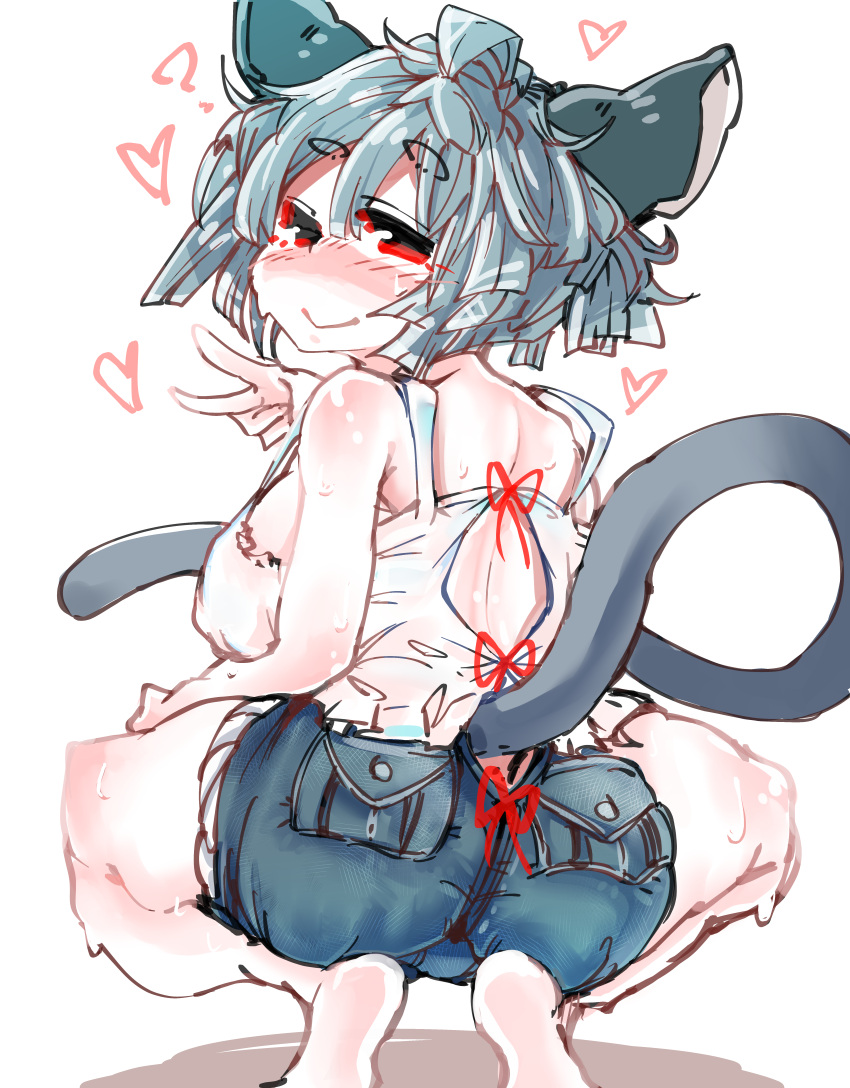 &lt;3 ? absurd_res ahoge animal_humanoid big_breasts big_ears blush bodily_fluids bottomwear breasts butt clothed clothing cutoffs denim denim_clothing female gesture grey_hair hair hi_res hotpants humanoid looking_back mammal mammal_humanoid mouse_humanoid murid murid_humanoid murine murine_humanoid nazrin rear_view red_eyes rodent rodent_humanoid sabitare short_hair shorts smile solo sweat touhou v_sign video_games wet wet_clothing