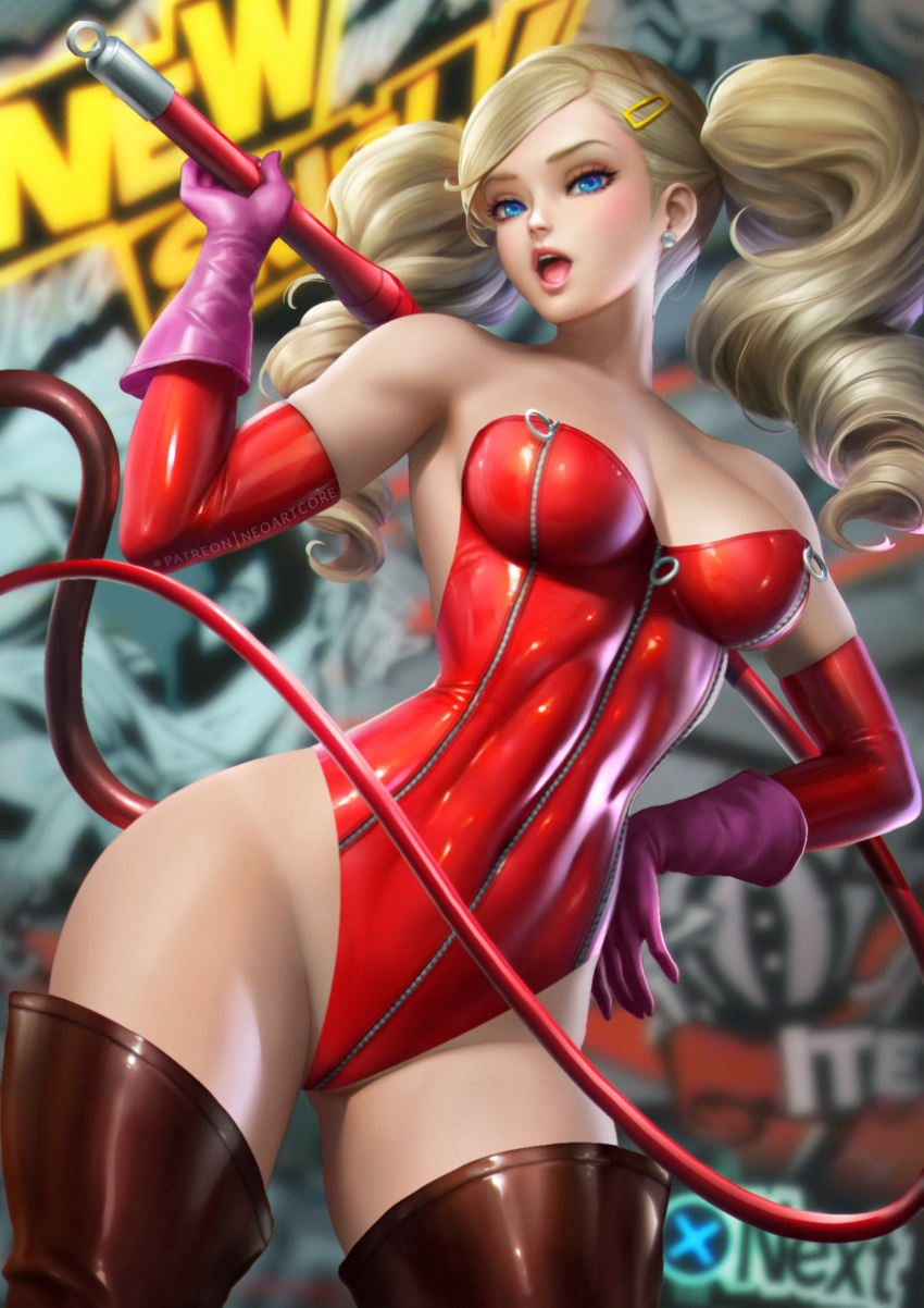 absurdres ass blonde_hair blue_eyes boots breasts detached_sleeves gloves hair_ornament hairclip highres huge_ass large_breasts looking_at_viewer neoartcore persona persona_5 skin_tight standing takamaki_anne thick_thighs thigh_boots thighhighs thighs third-party_edit whip