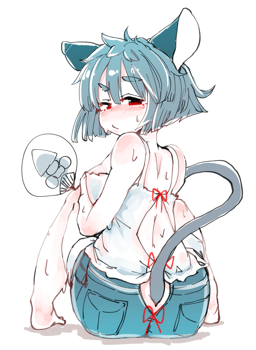 absurd_res animal_humanoid blush bodily_fluids bottomwear breasts butt clothed clothing cutoffs denim denim_clothing female grey_hair hair hand_fan hi_res holding_object humanoid looking_back mammal mammal_humanoid mouse_humanoid murid murid_humanoid murine murine_humanoid nazrin rear_view red_eyes rodent rodent_humanoid sabitare short_hair shorts sitting solo sweat touhou video_games