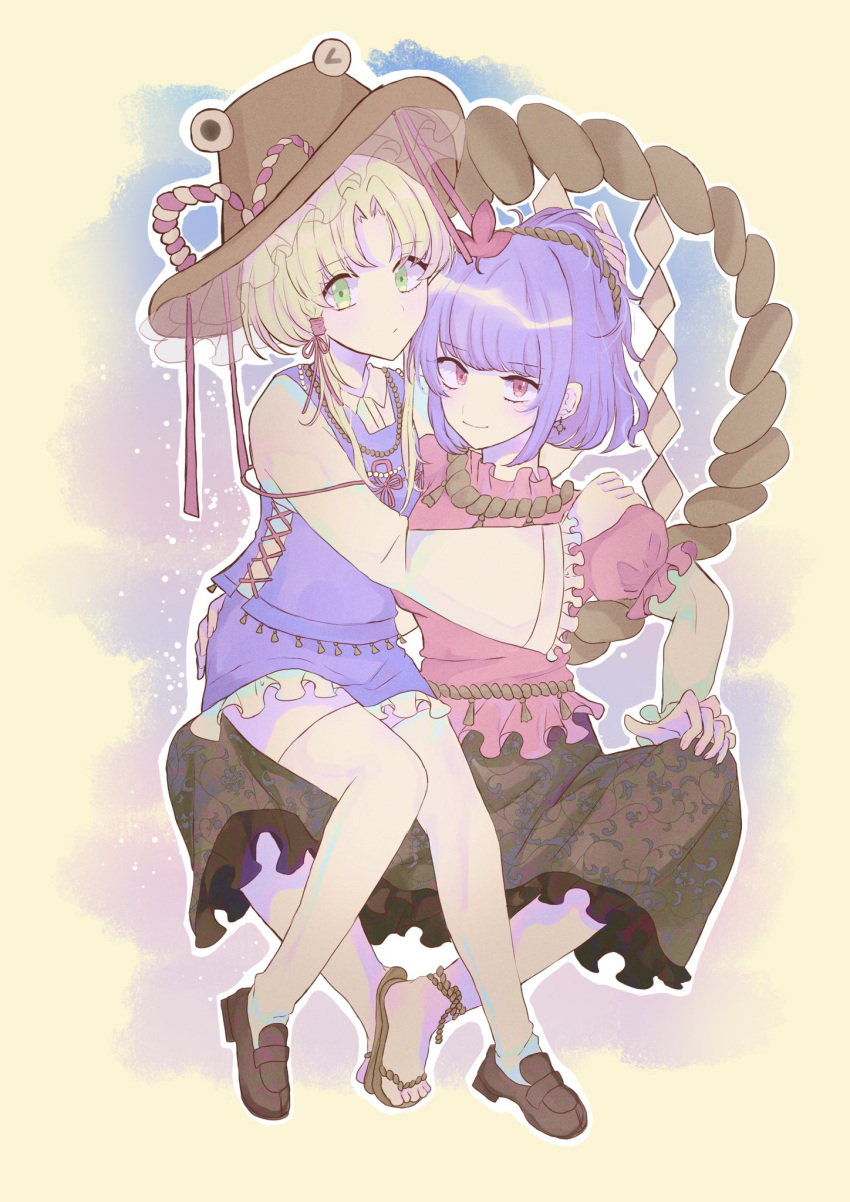 151moneco 1girl ankleband autumn_leaves bangs black_footwear black_skirt blonde_hair hair_ornament hair_ribbon hat highres hug layered_sleeves leaf_hair_ornament long_skirt long_sleeves medium_hair miniskirt mirror moriya_suwako parted_bangs puffy_short_sleeves puffy_sleeves purple_hair purple_skirt purple_vest red_eyes red_ribbon red_shirt red_skirt ribbon sandals shide shirt shoes short_hair short_over_long_sleeves short_sleeves sitting sitting_on_person skirt skirt_set sleeves_past_wrists solo tassel thighhighs touhou turtleneck vest white_legwear white_shirt wide_sleeves yasaka_kanako yellow_eyes