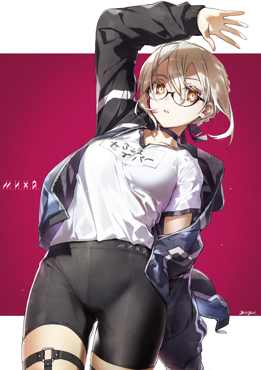 1girl absurdres ahoge artoria_pendragon_(fate) bangs black-framed_eyewear black_legwear blonde_hair blush braid breasts bunbun commentary_request fate/grand_order fate_(series) glasses gym_uniform hair_between_eyes highres jacket mysterious_heroine_x_(alter)_(fate) semi-rimless_eyewear sidelocks solo thighhighs under-rim_eyewear yellow_eyes