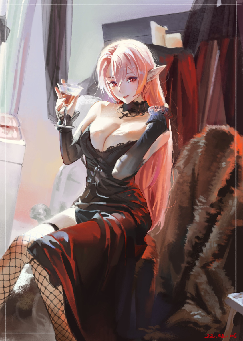 1girl absurdres bangs bare_shoulders black_dress blush breasts choker cleavage cross cup dated detached_sleeves dress drinking_glass fishnets framed highres holding holding_cup hong indoors large_breasts long_hair looking_at_viewer original parted_lips pink_eyes pink_hair pointy_ears shadow sitting smile solo wine_glass