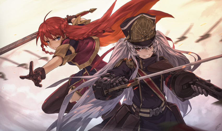2girls ahoge altair_(re:creators) armor bangs belt blue_eyes braid brown_gloves closed_mouth embers gloves grey_hair grin gun hair_between_eyes hair_tie hat highres holding holding_gun holding_sword holding_weapon long_hair looking_at_viewer military military_uniform multiple_girls outstretched_arm photoshop_(medium) ppsh-41 re:creators red_eyes red_hair revision saber_(weapon) selesia_upitiria smile submachine_gun sword thighhighs uniform very_long_hair weapon white_background zhaoyuan_pan