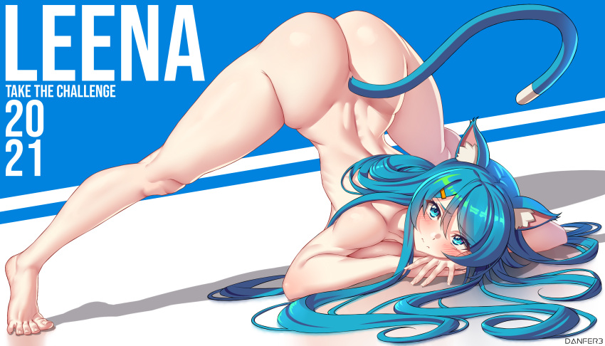 1girl absurdres animal_ears artist_name ass back barefoot blue_eyes blue_hair blush breasts cat_ears closed_mouth danfer3 hair_ornament hairclip highres jack-o'_challenge large_breasts leena_(danfer3) long_hair original ribs shadow solo spread_legs tail toes top-down_bottom-up