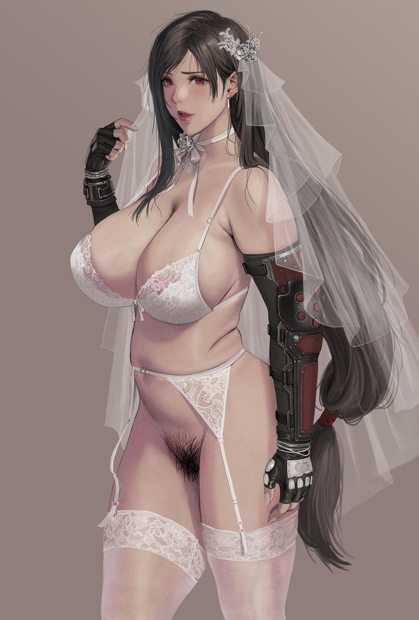 1girl arm_at_side black_gloves black_hair bottomless bra breasts choker commentary_request earrings excessive_pubic_hair female_pubic_hair final_fantasy final_fantasy_vii final_fantasy_vii_remake fingerless_gloves flower gloves hair_flower hair_ornament hand_up highres janggun jewelry large_breasts lipstick long_hair looking_at_viewer makeup mature_female mixed-language_commentary parted_lips pubic_hair red_eyes red_lips reward_available ribbon ribbon_bra see-through simple_background solo standing thighhighs tifa_lockhart underwear underwear_only veil very_long_hair white_bra white_choker white_flower white_legwear white_ribbon