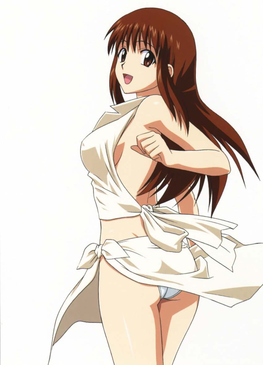 1990s_(style) 1girl absurdres ass back bangs bare_shoulders brown_eyes brown_hair clenched_hand covered_nipples cowboy_shot doi_shizuha gradient gradient_background highres long_hair looking_at_viewer looking_back no_bra official_art open_mouth page_number panties pantyshot photoshop_(medium) retro_artstyle shirt skirt solo standing stratos_4 tied_shirt underwear white_panties yamauchi_noriyasu