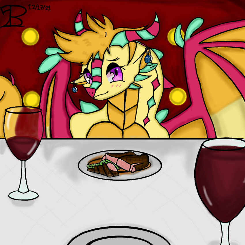 alcohol ambiguous_gender anthro beverage classy container cup cute_expression cynthia_(adtot) dragon drinking_glass duo ear_piercing ear_ring female food glass glass_container glass_cup hair hi_res horn human looking_at_viewer male male/ambiguous male/female mammal orange_hair orange_tail piercing purple_eyes random_dragon_lover restaurant romantic romantic_ambiance scalie sitting wife wine wine_glass wings