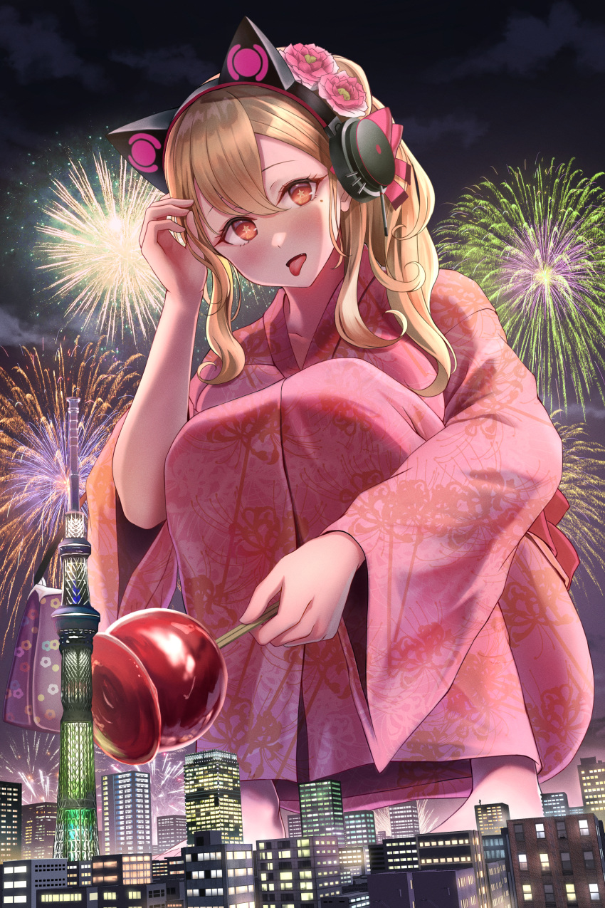 1girl absurdres azur_lane blonde_hair building candy_apple cat_ear_headphones city concord_(azur_lane) concord_(red_apple_candy)_(azur_lane) fireworks flower food giant giantess hair_flower hair_ornament headphones highres holding holding_food japanese_clothes kimono long_hair looking_at_viewer night night_sky numaguro_(tomokun0808) official_alternate_costume open_mouth pink_kimono print_kimono red_eyes sky solo squatting star_(symbol) star_in_eye symbol_in_eye tongue tongue_out wide_sleeves