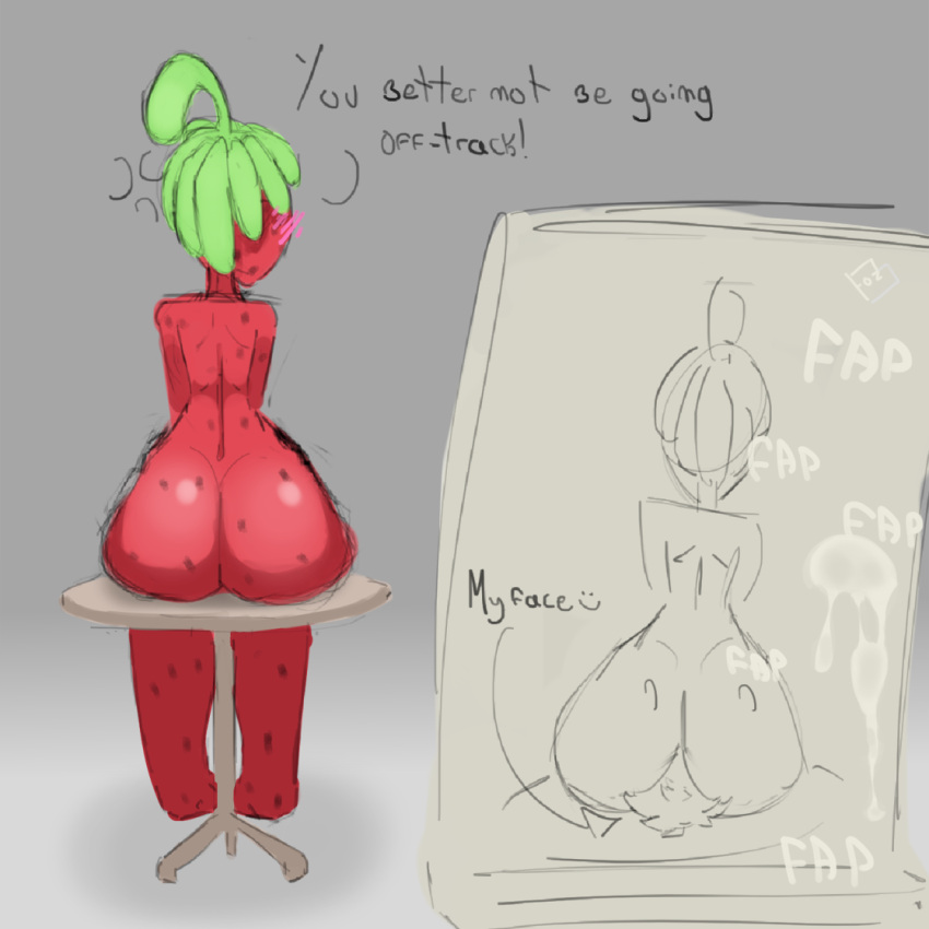 anthro big_butt blush bodily_fluids butt canvas cartoon_network cum dangling_legs dialogue digital_media_(artwork) drawing drawing_in_a_drawing drupe_(ok_k.o.!_lbh) elemental_creature elemental_humanoid english_text facesitting female flora_fauna food food_creature food_humanoid fozuna fruit fruit_humanoid genital_fluids green_hair hair humanoid invalid_tag living_fruit masturbation nude offscreen_character ok_k.o.!_let's_be_heroes plant plant_humanoid rear_view red_body red_skin simple_background sitting sitting_on_table solo strawberry text wide_hips