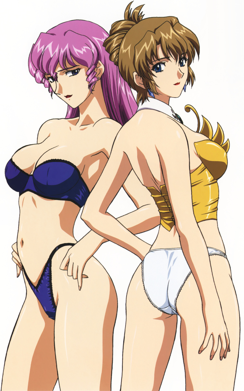 1990s_(style) 2girls absurdres agent_aika aida_rion aika_(series) ass back back-to-back blue_eyes bra breasts brown_hair bustier cameltoe cleavage collarbone crotch_seam detached_collar earrings folded_ponytail hand_on_hip highres jewelry large_breasts lingerie lipstick makeup multiple_girls navel neena_hagen panties pink_hair purple_bra purple_panties red_lips retro_artstyle smile standing sumeragi_aika underwear underwear_only white_panties yamauchi_noriyasu