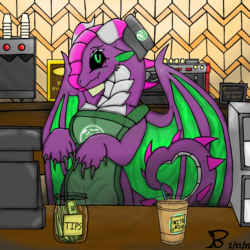 &lt;3 anthro beverage cashier coffee doordash dragon female gesture green_eyes hi_res horn money pose purple_body random_dragon_lover roselia_(adtot) scalie solo starbucks tail_gesture tail_heart white_horn