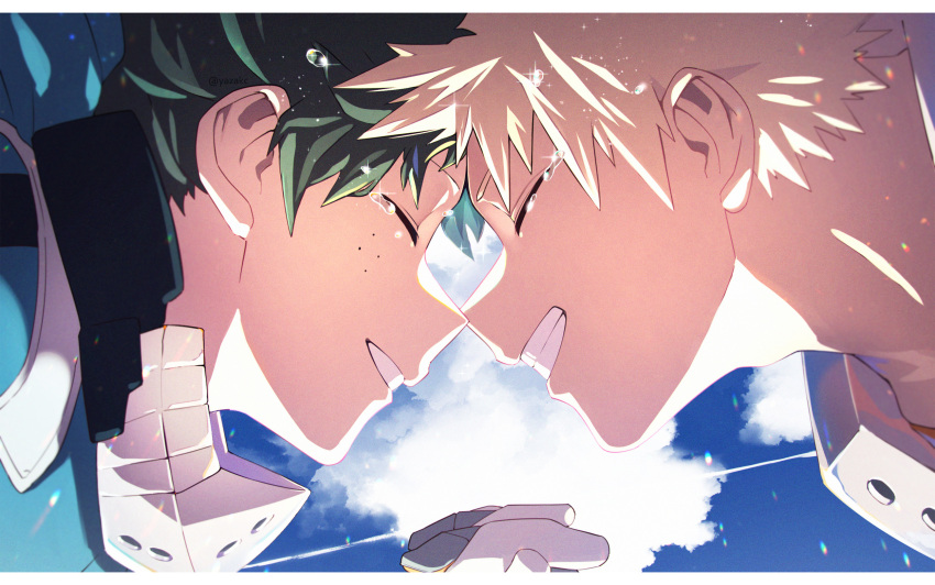 2boys adam's_apple bakugou_katsuki bangs blonde_hair blue_sky boku_no_hero_academia border close-up closed_eyes collar costume day face face-to-face forehead-to-forehead freckles gloves green_hair green_jumpsuit grin heads_together highres holding_hands hood hood_down implied_yaoi jumpsuit letterboxed male_focus mask mask_around_neck mask_removed midoriya_izuku mouth_mask multiple_boys neck_brace outdoors short_hair sky smile spiked_hair tears water_drop white_border yazakc
