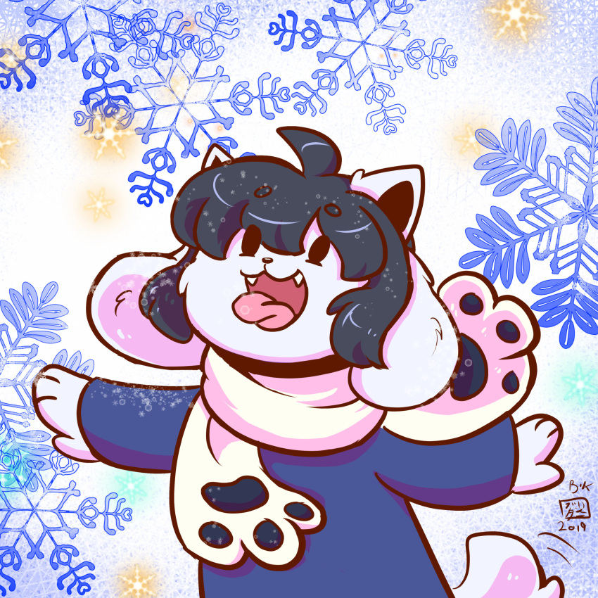 anthro canid canine clothed clothing cute_fangs felid feline fur hair hi_res mammal pink_tongue snow snowflake solo tem temmie_(undertale) thewolfcalledbunny tongue tongue_out topwear undertale undertale_(series) video_games white_body white_fur winter