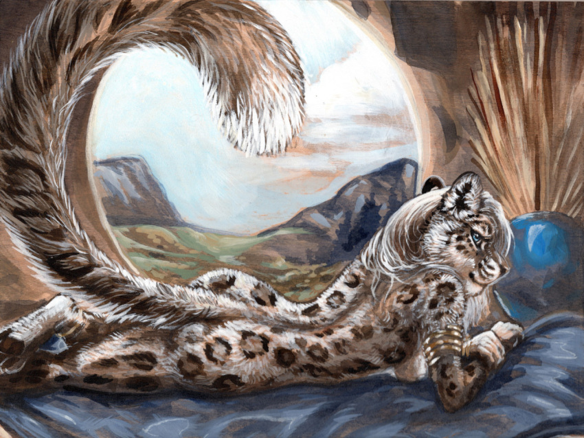 acrylic_painting_(artwork) anthro armwear bed breasts cadmiumtea clothing cloud felid female furniture gold_(metal) gold_jewelry jewelry lying mammal nude on_front painting_(artwork) pantherine side_boob snow_leopard solo traditional_media_(artwork) window