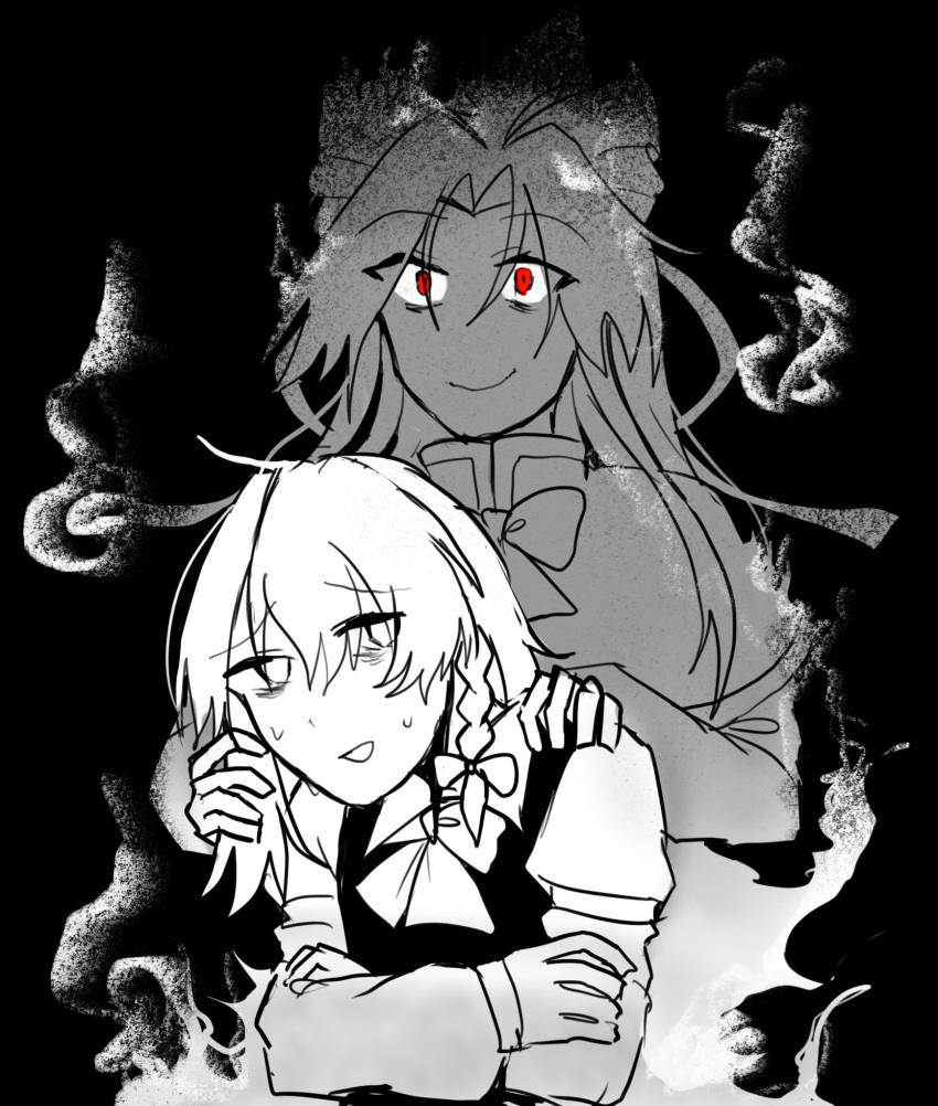 2girls bags_under_eyes bow capelet crossed_arms ghost hand_on_shoulder highres kirisame_marisa kuma_xylocopa long_hair mima_(touhou) monochrome multiple_girls open_mouth red_eyes ribbon short_hair staff the_grudge touhou touhou_(pc-98)