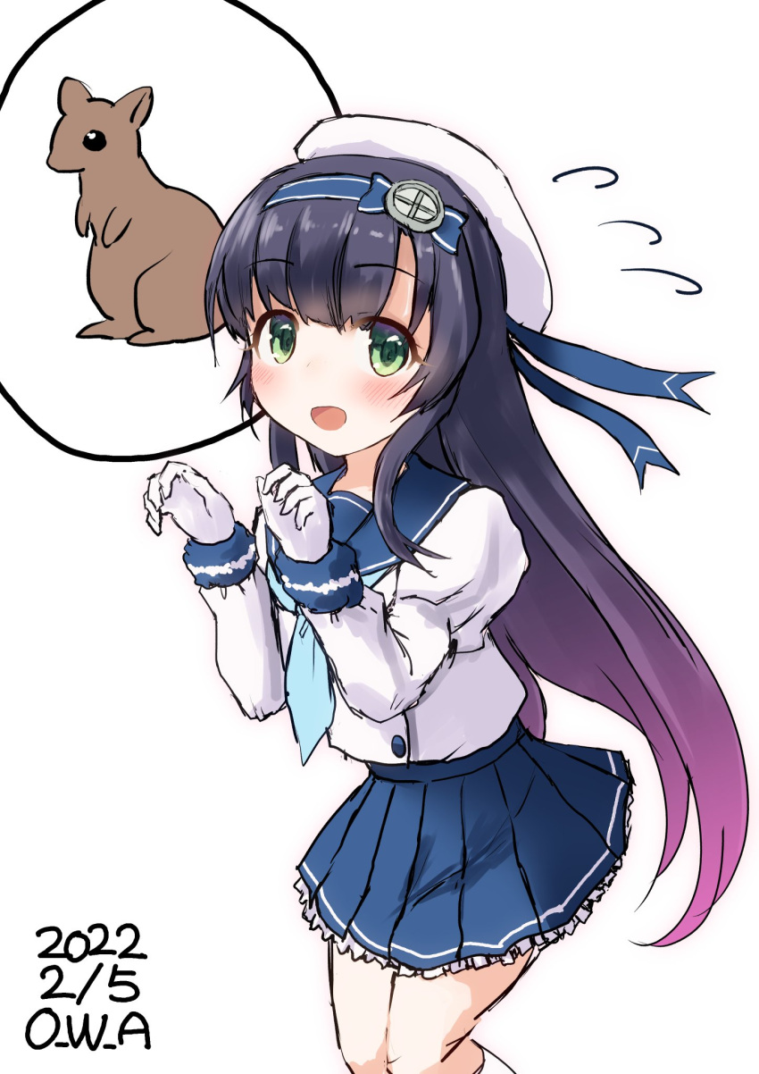 1girl animal_request artist_name black_hair blue_neckerchief blue_sailor_collar blue_skirt commentary_request cowboy_shot dated flying_sweatdrops gloves gradient_hair green_eyes hairband hat highres kantai_collection long_hair long_sleeves matsuwa_(kancolle) multicolored_hair neckerchief one-hour_drawing_challenge owa_(ishtail) pink_hair pleated_skirt pose purple_hair sailor_collar sailor_hat school_uniform serafuku simple_background skirt solo white_background white_gloves white_headwear