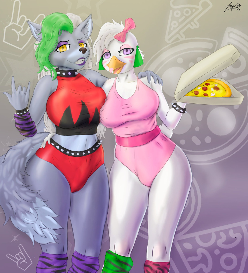 anthro avian canid canine canis chiken clothing duo female female/female five_nights_at_freddy's five_nights_at_freddy's:_security_breach food fur glamrock_chica_(fnaf) hair hi_res jewelry mammal pizza roxanne_wolf_(fnaf) scottgames smile video_games white_body white_fur wolf xlyuz