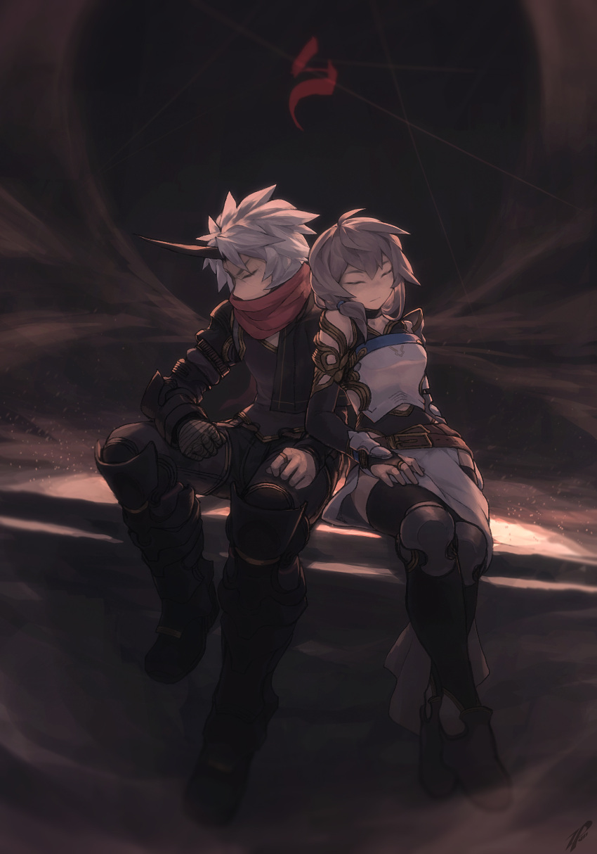 1boy 1girl absurdres armor belt breasts brown_hair closed_eyes closed_mouth full_body gloves hair_between_eyes hair_tie highres horns jewelry leaning_on_person medium_breasts medium_hair original pants red_scarf resting ring scar scar_on_face scarf short_hair signature single_horn sitting sleeping sleeping_upright thighhighs white_hair zhaoyuan_pan