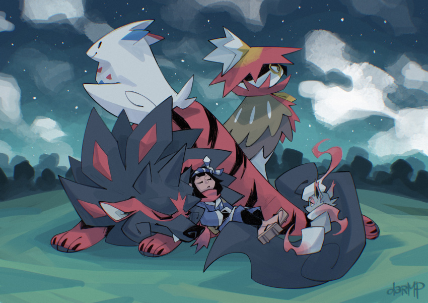 1girl akari_(pokemon) beak black_hair closed_eyes dar-draws fangs feathers field galaxy_expedition_team_survey_corps_uniform grass highres hisuian_arcanine hisuian_decidueye hisuian_zorua looking_at_another night night_sky pokemon pokemon_(creature) pokemon_(game) pokemon_legends:_arceus scarf sky sleeping togekiss wings