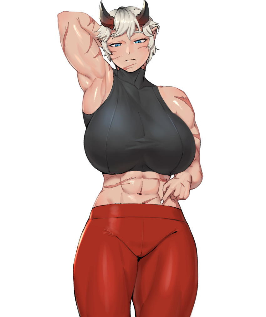 1girl abs absurdres arm_up armpits bare_shoulders blue_eyes breasts closed_mouth collarbone feet_out_of_frame highres horns huge_breasts looking_down midriff muscular muscular_female navel nutro original pants red_pants scar scar_on_arm scar_on_cheek scar_on_face scar_on_hand scar_on_stomach short_hair simple_background sleeveless solo stomach white_background white_hair