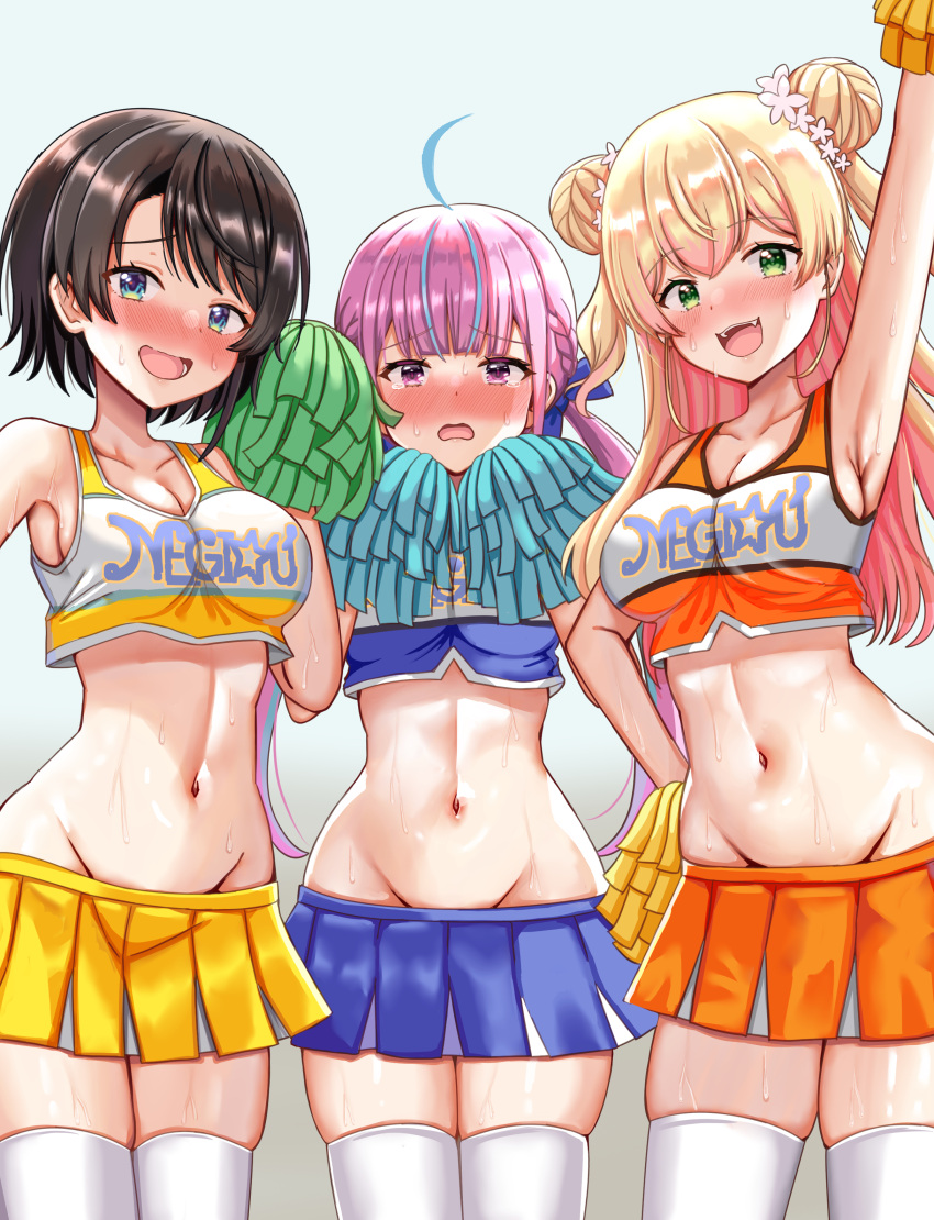 3girls absurdres ahoge aqua_eyes black_hair blonde_hair blue_hair blush breasts cheerleader cowboy_shot crop_top double_bun gradient_hair green_eyes groin hand_on_hip highres hololive impossible_clothes impossible_shirt long_hair looking_at_viewer lowleg lowleg_skirt medium_breasts midriff minato_aqua miniskirt momosuzu_nene multicolored_hair multiple_girls navel nootomo oozora_subaru open_mouth pink_hair pom_pom_(cheerleading) purple_eyes shirt short_hair skirt smile streaked_hair thighhighs twintails virtual_youtuber white_legwear zettai_ryouiki