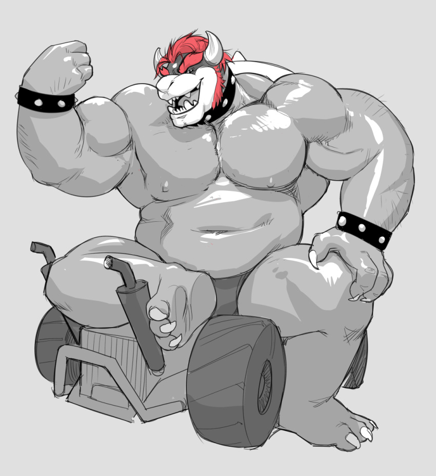 2_horns 3_toes 4_fingers anthro belly big_muscles bowser bracelet claws collar falcon_mccooper feet fingers fist flexing grey_background greyscale hair hand_on_knee hand_on_leg hi_res horn jewelry kart looking_at_viewer male mario_bros mario_kart monochrome musclegut muscular muscular_anthro muscular_male navel nintendo nipples open_mouth pecs red_hair scalie simple_background sitting solo spiked_bracelet spiked_collar spikes teeth toes vehicle veiny_muscles video_games wheels