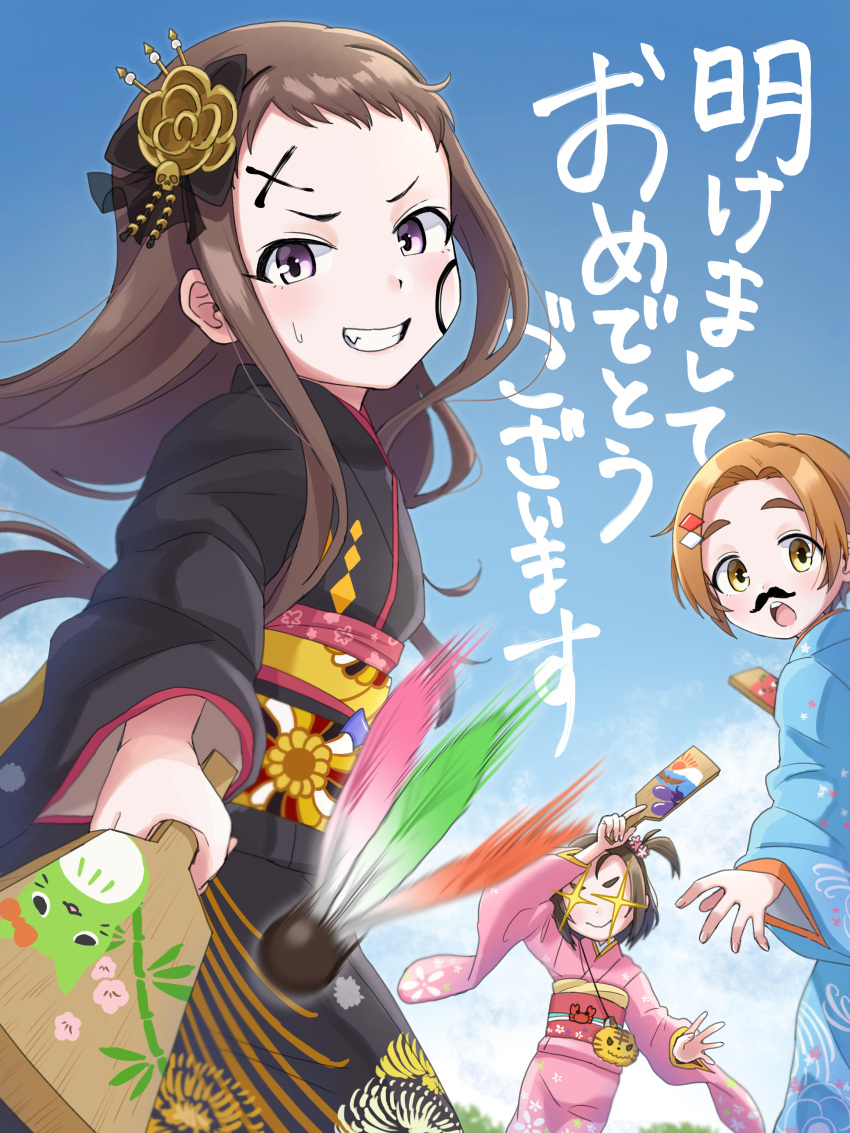 +_+ 3girls absurdres bag bamboo bird black_kimono blue_kimono brown_hair cat clenched_teeth cloud day eggplant facepaint flower furrowed_brow hagoita hair_flower hair_ornament handbag handlebar_mustache hane_(hanetsuki) hanetsuki hatsuyume hawk highres idolmaster idolmaster_cinderella_girls japanese_clothes kimono koseki_reina long_hair marukado09 mount_fuji multiple_girls obi open_mouth orange_hair paddle pink_eyes pink_kimono ryuuzaki_kaoru sash short_hair smile sweatdrop teeth tiger yanase_miyuki yellow_eyes