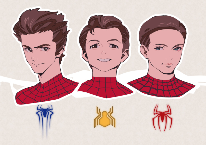 3boys andrew_garfield bodysuit brown_hair commentary english_commentary headset ikuchan_kaoru looking_at_viewer male_focus marvel marvel_cinematic_universe multiple_boys muscular peter_parker red_bodysuit short_hair solo_focus sony spider-man spider-man_(series) spider_web_print superhero teeth tobey_maguire tom_holland