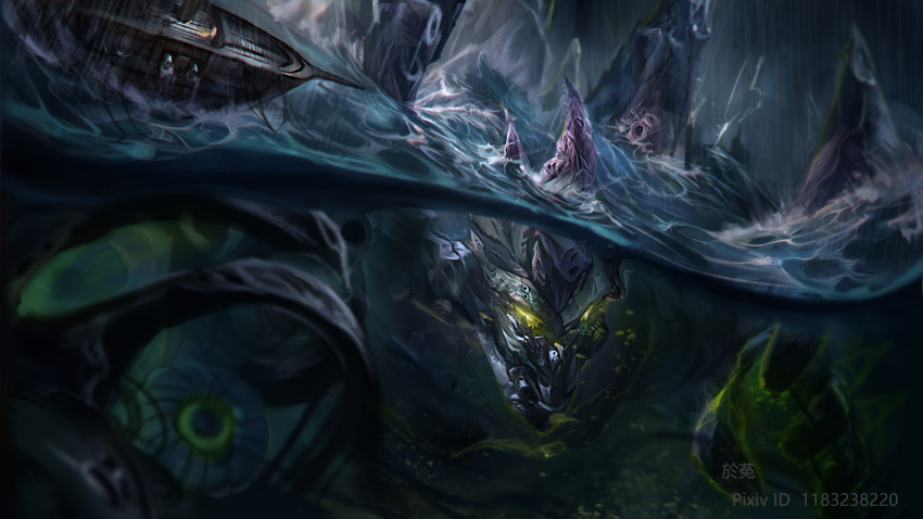 1boy absurdres character_request check_character coral_reef_malphite glowing glowing_eyes highres horns league_of_legends male_focus malphite orange_eyes outdoors ship single_horn solo storm underwater water watercraft weapon wutu_(1183238220)