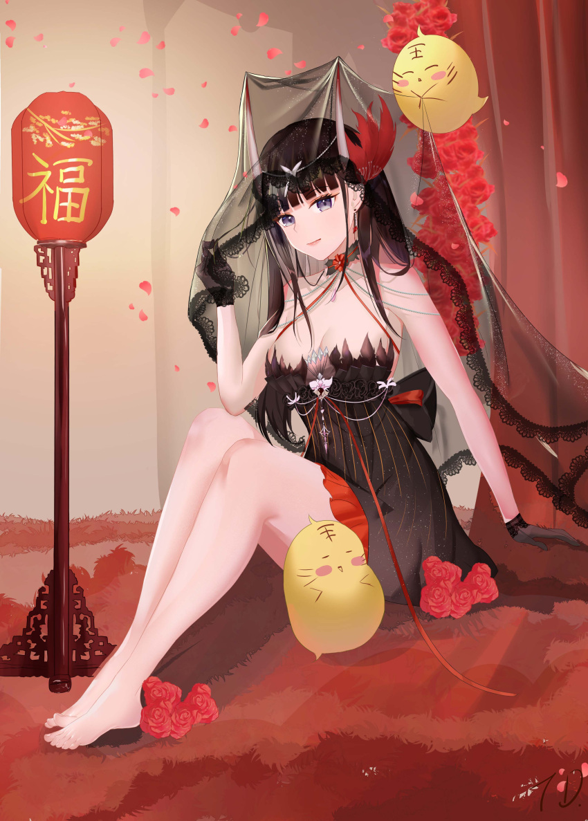 1girl absurdres azur_lane barefoot black_dress black_gloves black_hair black_veil breasts collar dress earrings feather_hair_ornament feathers flower frilled_collar frills full_body gloves hair_ornament highres horns jewelry lace-trimmed_veil lace_trim long_hair looking_at_viewer manjuu_(azur_lane) medium_breasts nanoda002_(saber427) nontraditional_wedding_dress noshiro_(a_tale_of_two_lovers)_(azur_lane) noshiro_(azur_lane) official_alternate_costume oni_horns purple_eyes red_flower short_dress sitting sleeveless sleeveless_dress