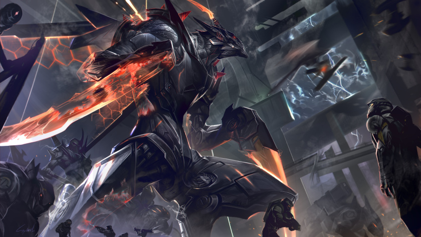 absurdres armor character_request fake_horns giant glowing gun helm helmet highres holding holding_gun holding_weapon horned_helmet horns kha'zix league_of_legends looking_up project:_kha'zix project_(league_of_legends) red_eyes robot signature tagme weapon wings wutu_(1183238220)