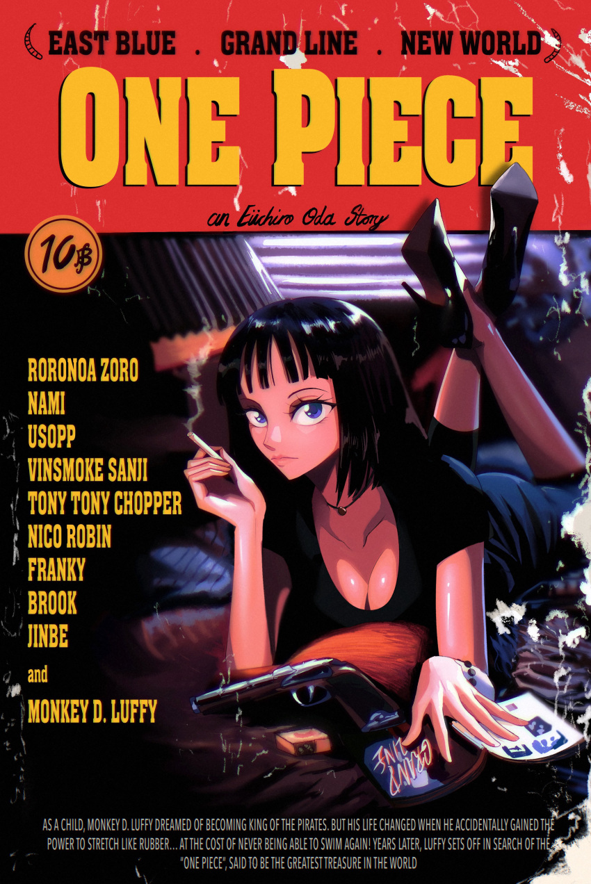 1girl absurdres black_dress black_hair blue_eyes breasts character_name cigarette cleavage commentary_request copyright_name crossed_ankles dress english_commentary english_text eyelashes gun handgun high_heels highres holding holding_cigarette long_hair looking_at_viewer lying movie_poster nico_robin on_stomach one_piece opalisart parody pistol pulp_fiction smoking solo weapon