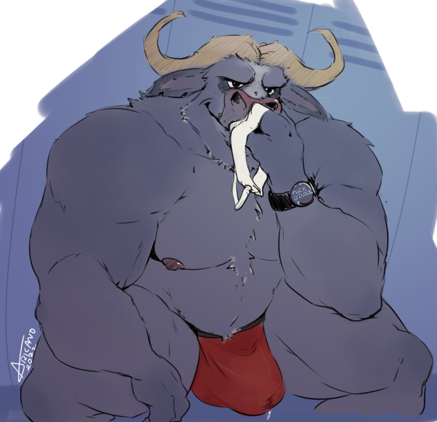 2022 anthro arkanoego belly big_bulge big_muscles blue_background bodily_fluids bovid bovine bulge cape_buffalo chief_bogo clock clothing disney english_text fur genital_fluids hi_res holding_clothing holding_object holding_underwear horn huge_muscles inside jockstrap locker_room male mammal musclegut muscular muscular_anthro muscular_male narrowed_eyes nipples pecs precum precum_through_clothing precum_through_jockstrap precum_through_underwear profanity signature simple_background sitting smile sniffing solo text thick_thighs tuft underwear underwear_sniffing watch wet wet_clothing zootopia