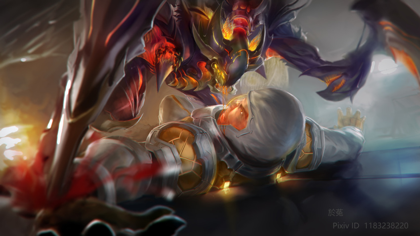 1boy absurdres alien alternate_costume astronaut blood bodysuit character_request claws creature gloves glowing highres injury kha'zix league_of_legends looking_at_another lying on_back saliva space_helmet spacesuit teeth white_bodysuit wutu_(1183238220)