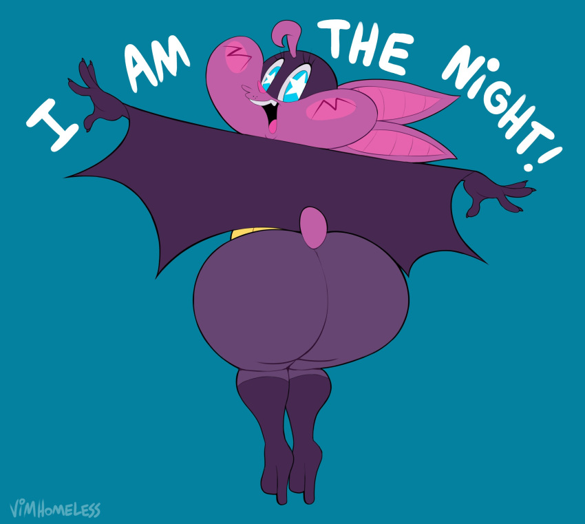 anthro bat_wings big_butt blue_background blue_eyes boots butt chiropteran clothing dialogue female footwear hi_res high_heeled_boots high_heels looking_at_viewer looking_back looking_back_at_viewer mammal membrane_(anatomy) membranous_wings purple_body simple_background solo sophie_slam thick_thighs tight_clothing vimhomeless wide_hips wings