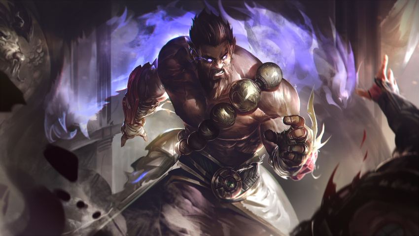 2boys absurdres aura beard belt blood blurry blurry_foreground bracer facial_hair fingerless_gloves gloves glowing glowing_eyes highres league_of_legends male_focus multiple_boys muscular muscular_male scar udyr wutu_(1183238220)