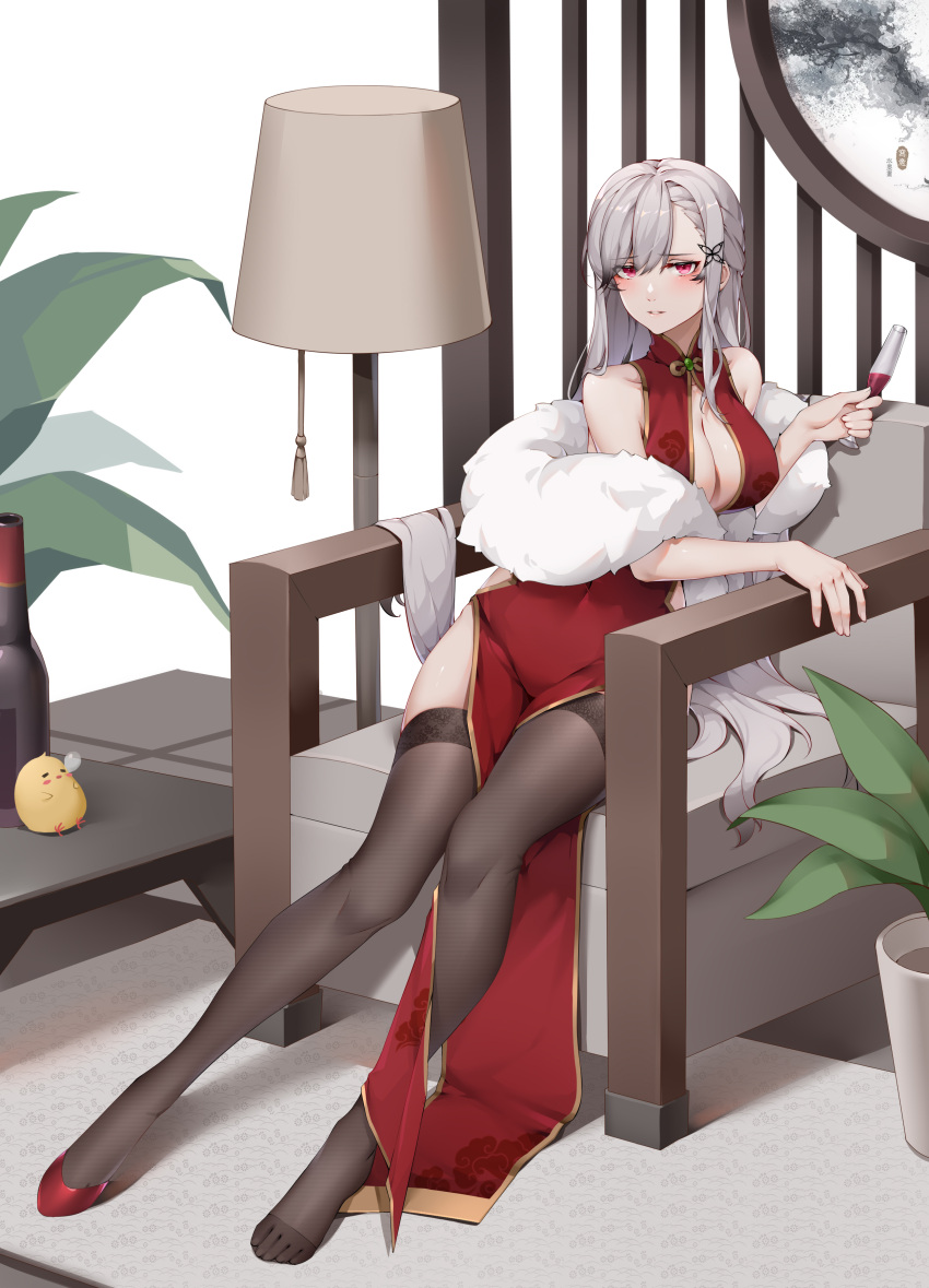 1girl absurdres alcohol alternate_costume azur_lane blush bottle breasts brown_legwear butterfly_hair_ornament center_opening chair china_dress chinese_clothes cleavage cup dress drinking_glass drunk dunkerque_(azur_lane) eyebrows_visible_through_hair hair_between_eyes hair_ornament highres indoors lace-trimmed_legwear lace_trim lamp large_breasts long_hair looking_at_viewer manjuu_(azur_lane) pink_eyes plant potted_plant red_dress sitting sleeveless sleeveless_dress solo very_long_hair wine wine_bottle wine_glass wsfw