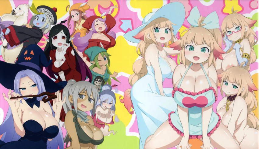 absurdres apron bear_girl blonde_hair breasts demia_duodectet dress hat highres huge_breasts ishuzoku_reviewers large_breasts medium_breasts monster_girl multiple_girls official_art sleeveless sleeveless_dress small_breasts sun_hat sundress vampire white_dress witch witch_hat zombie