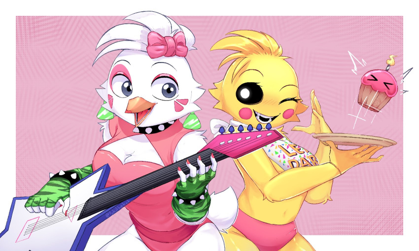anthro avian bird black_eyes blonde_hair blue_eyes breasts chicken colored_nails cupcake_(fnaf) duo ear_piercing ear_ring female five_nights_at_freddy's five_nights_at_freddy's:_security_breach five_nights_at_freddy's_2 galliform gallus_(genus) glamrock_chica_(fnaf) guitar hair hi_res lipstick makeup musical_instrument nails one_eye_closed phasianid piercing plucked_string_instrument pokithekat scottgames smile string_instrument toy_chica_(fnaf) video_games white_hair wink