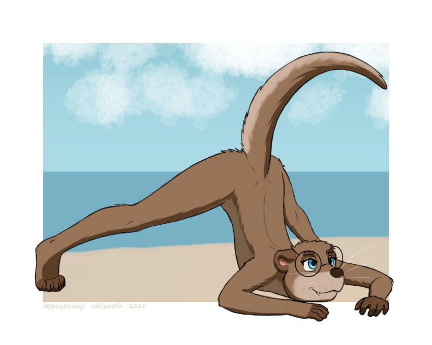 2021 akima_(eddiew) anthro ass_up beach black_nose blue_eyes border brown_body brown_fur butt claws closed_mouth cloudscape curved_tail digital_media_(artwork) eddiew eyebrows eyelashes eyewear fangs female fingers fur glasses jack-o'_pose looking_away lutrine mammal mustelid nude on_ground out_of_frame pose round_glasses seaside sharp_teeth signature simple_background sky smile solo spread_legs spreading tan_body tan_fur teeth text thick_tail tiptoes whiskers white_border