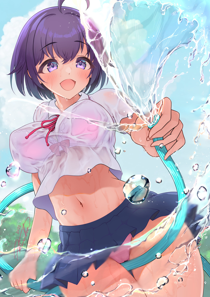 1girl absurdres ahoge bangs between_thighs blue_skirt blush bra bra_visible_through_clothes breasts clothes_lift cloud collared_shirt commentary_request crop_top day eyebrows_visible_through_hair hair_between_eyes highres holding holding_hose hose kunka_smellher large_breasts looking_at_viewer midriff moe2022 navel open_mouth original outdoors panties pink_bra pink_panties pleated_skirt purple_eyes purple_hair see-through shirt short_hair signature skirt skirt_lift sky smile thighs tree underwear water_drop wet wet_clothes wet_shirt white_shirt